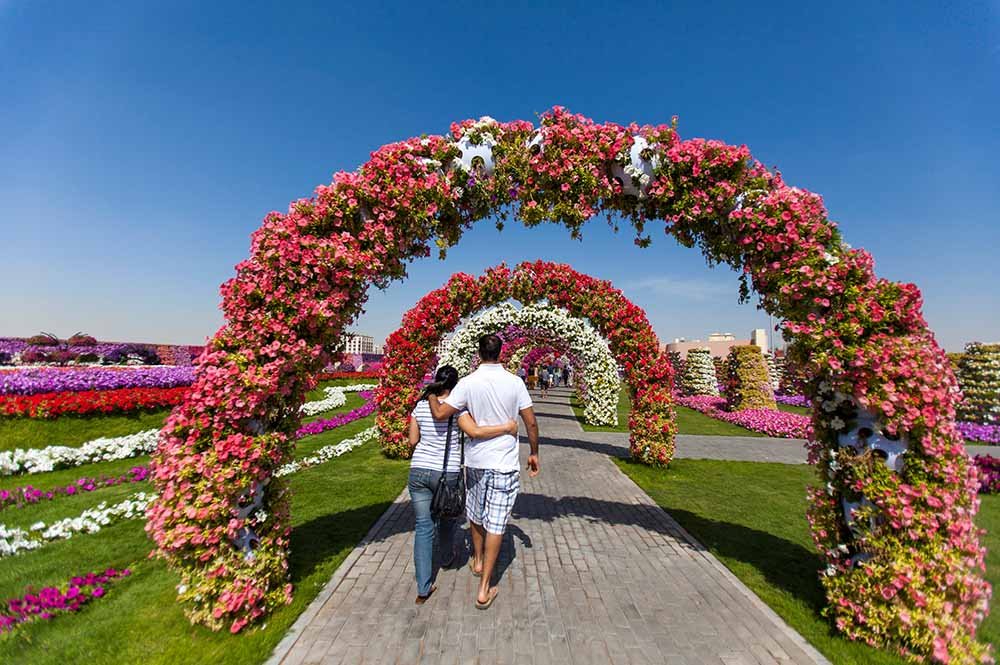 Couple walking in the Miracle Garden in Dubai