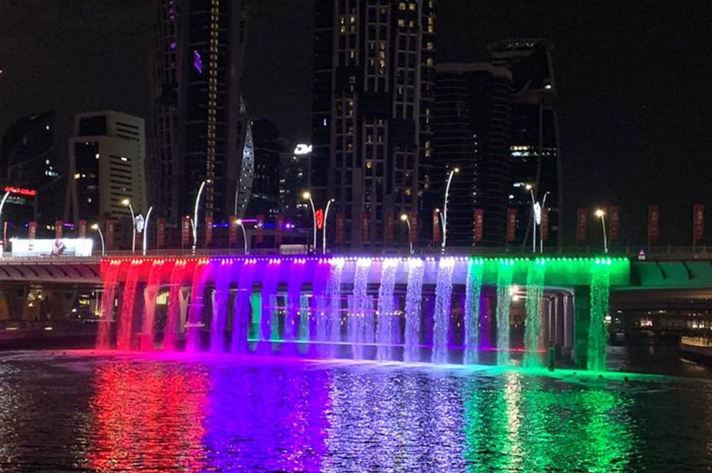 Night view of Dubai Water Canal Waterfall